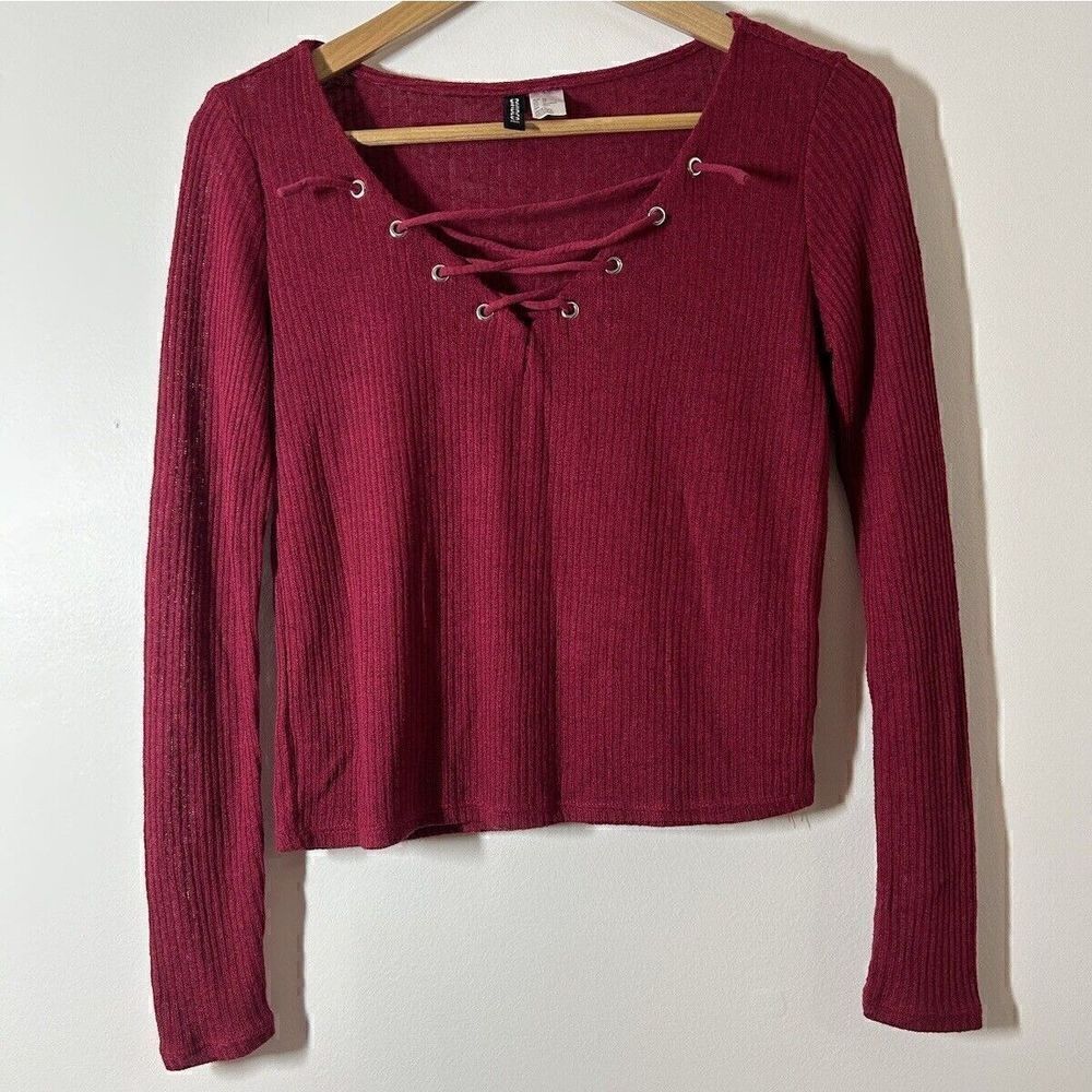 Divided H&M Brick Red Ribbed Long Sleeve Knit Lace Up Top Size XS X-Small